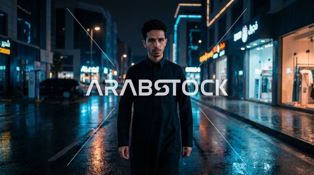 رجل سعودي بالثوب الأسود يسير في شارع ليلي مبلل