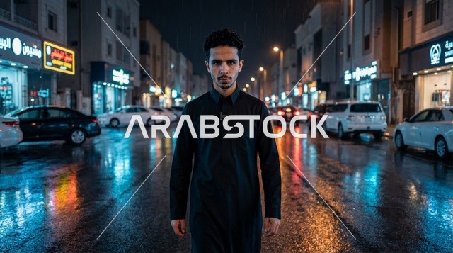 رجل سعودي بالثوب الأسود يسير في شارع ليلي مبلل