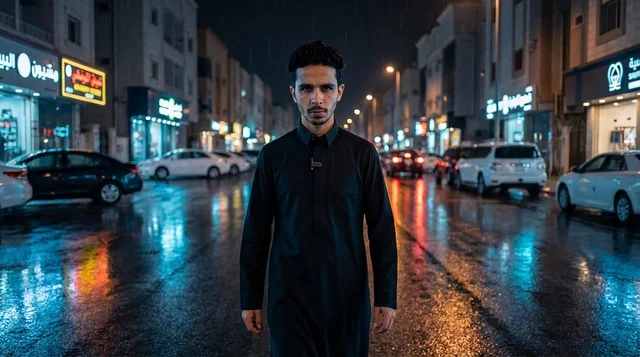 رجل سعودي بالثوب الأسود يسير في شارع ليلي مبلل