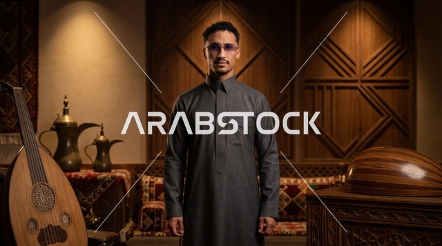 رجل سعودي بالثوب مع آلة العود في مجلس تراثي