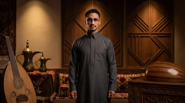 رجل سعودي بالثوب مع آلة العود في مجلس تراثي