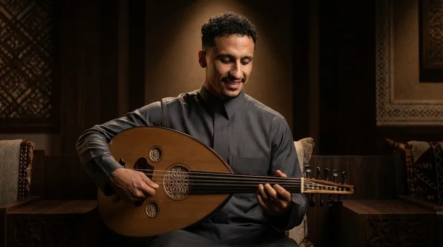 Saudi Man Playing Traditional Arabic Oud Instrument