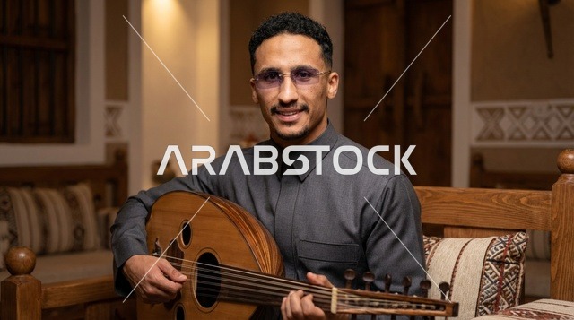 رجل سعودي يعزف العود في غرفة تراثية قديمة