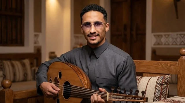 رجل سعودي يعزف العود في غرفة تراثية قديمة