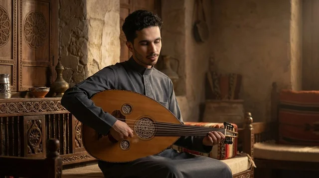 Saudi Man Playing Oud in Traditional Heritage Room