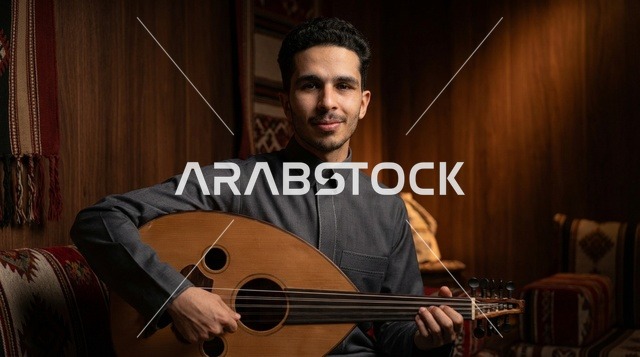 رجل سعودي مع آلة العود في مجلس تقليدي