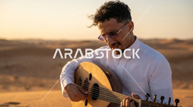Saudi Man Playing Oud in Desert at Sunset
