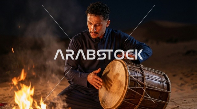 رجل سعودي يعزف على الطبل بجانب نار المخيم