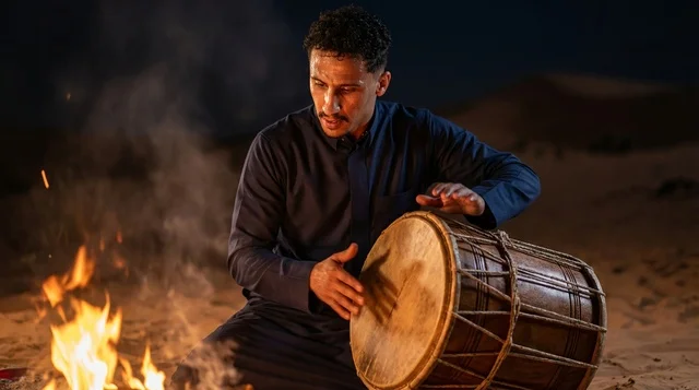 Saudi Man Playing Drum by Desert Campfire at Night Saudi Man Playing Drum by Desert Campfire at Night
