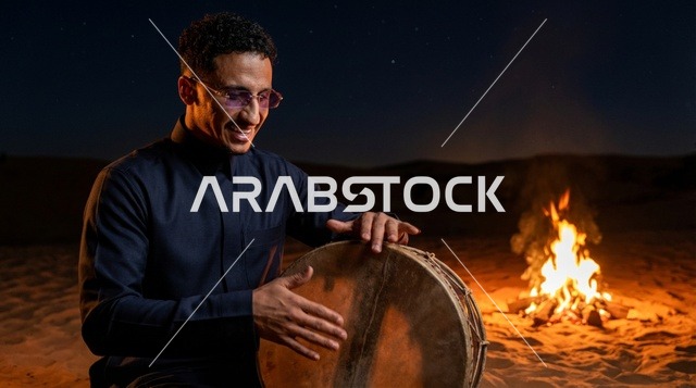 رجل سعودي يعزف على الدف بجانب نار الصحراء