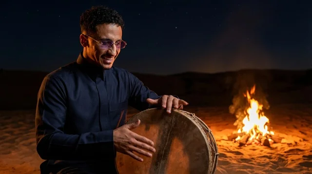 رجل سعودي يعزف على الدف بجانب نار الصحراء
