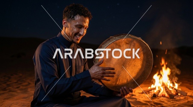 رجل سعودي يعزف على الدف بجوار نار المخيم في الصحراء