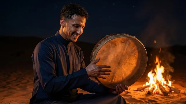 رجل سعودي يعزف على الدف بجوار نار المخيم في الصحراء