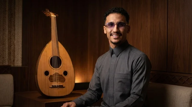 Saudi Man in Grey Thobe with Traditional Oud Instrument