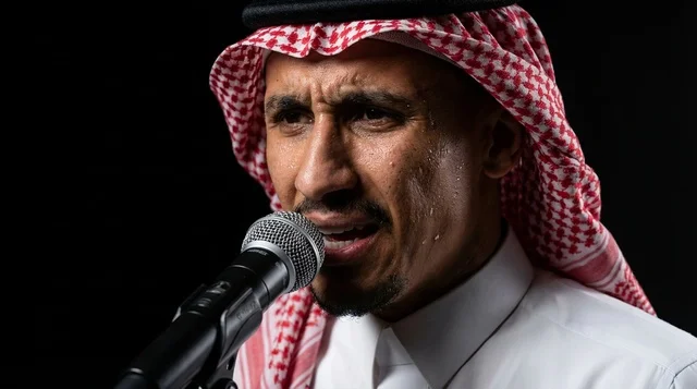 رجل سعودي يتحدث أمام الميكروفون في الاستوديو