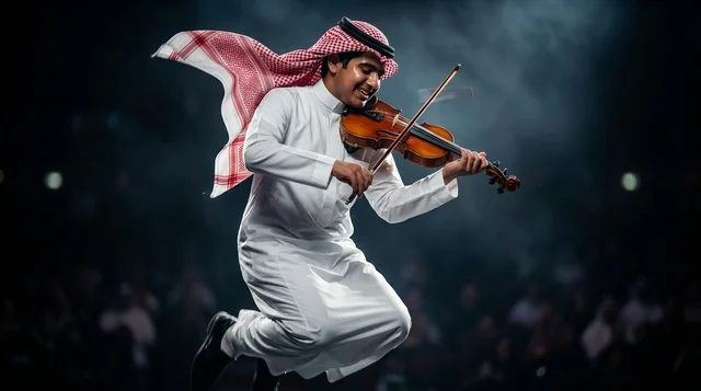 رجل سعودي يقفز ويعزف الكمان على المسرح