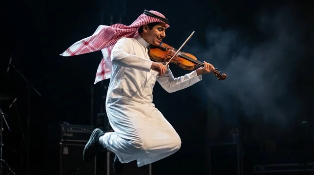 عازف كمان سعودي يعزف أثناء القفز على المسرح