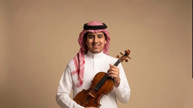 فتى سعودي بالزي التقليدي يمسك آلة الكمان