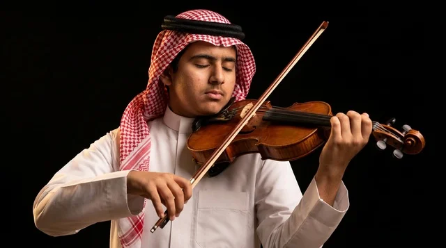 Saudi Man in Traditional Dress Playing Violin