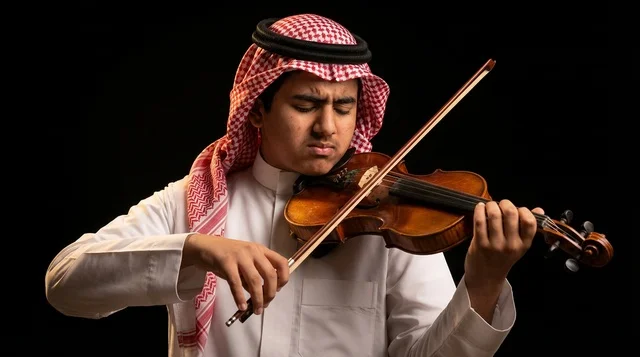 شاب سعودي بالزي التقليدي يعزف على الكمان