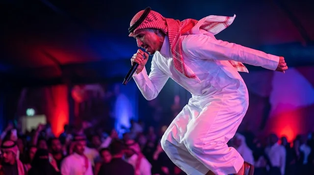 مغني سعودي بالثوب التقليدي على خشبة المسرح