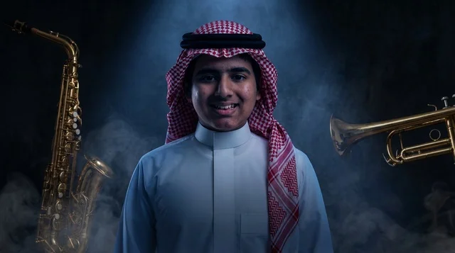Saudi Youth with Saxophone and Trumpet in Studio