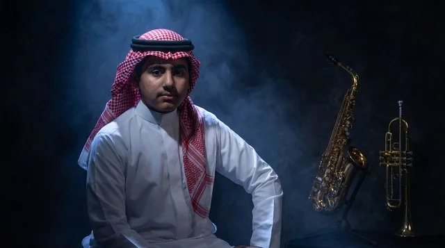 Saudi Man with Saxophone and Trumpet in Studio