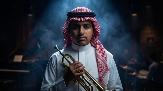 شاب سعودي بالثوب التقليدي يحمل آلة الترومبيت