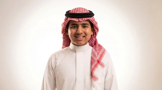 شاب سعودي بالثوب والشماغ الأحمر خلفية بيضاء