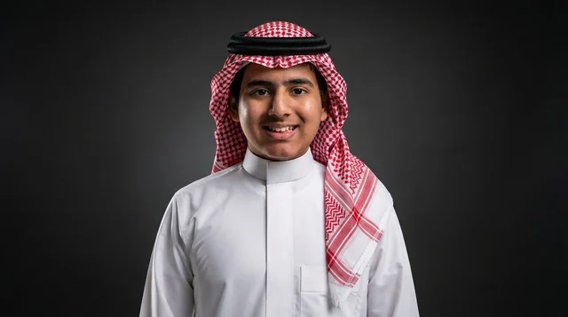 Smiling Young Saudi Man in Traditional Thobe and Shemagh