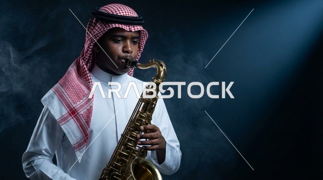 طفل سعودي يعزف على الساكسفون في استوديو مظلم