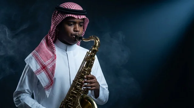 طفل سعودي يعزف على الساكسفون في استوديو مظلم