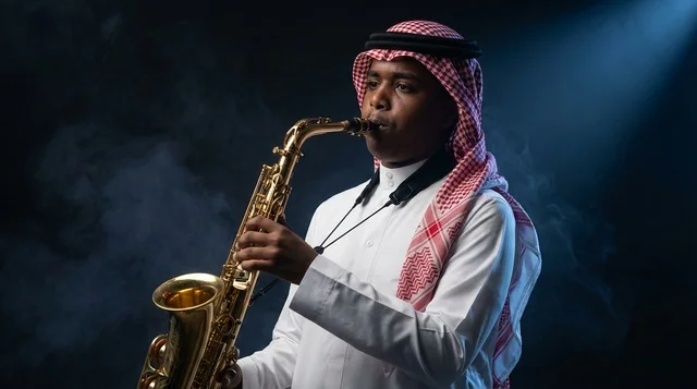 عازف سعودي بالزي التقليدي يعزف الساكسفون عازف سعودي بالزي التقليدي يعزف الساكسفون