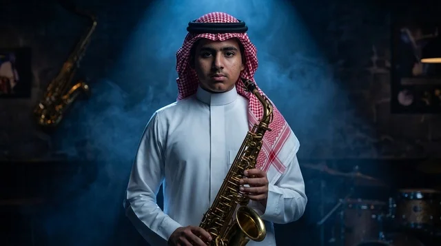 شاب سعودي مع آلة ساكسفون في استوديو موسيقي