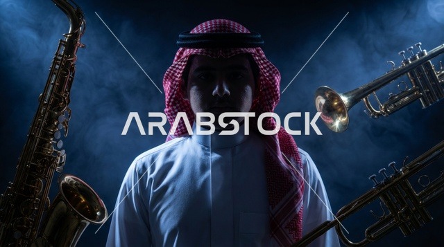 رجل سعودي بالثوب مع آلات موسيقية