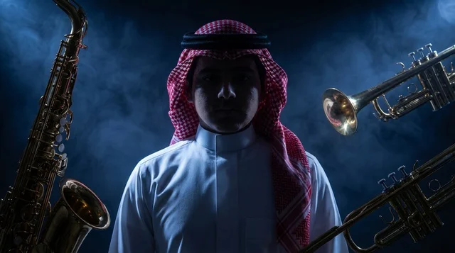 رجل سعودي بالثوب مع آلات موسيقية