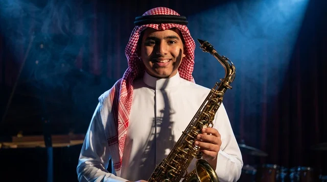 شاب سعودي مع آلة ساكسفون على المسرح بإضاءة زرقاء