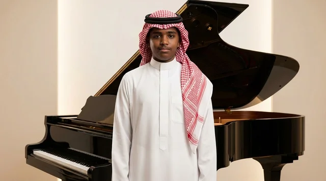 A Saudi young man in traditional attire with a large piano.
