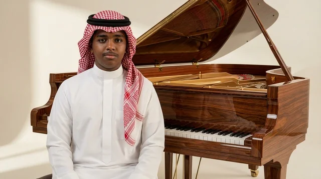 Saudi Man in Traditional Thobe with Grand Piano