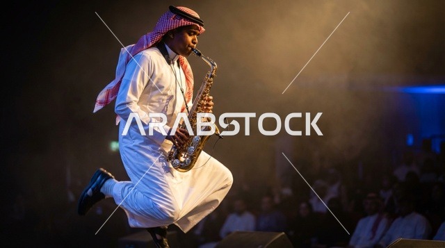 رجل سعودي يعزف الساكسفون على خشبة المسرح