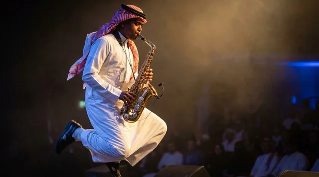 رجل سعودي يعزف الساكسفون على خشبة المسرح