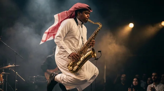عازف ساكسفون سعودي يرتدي الثوب التقليدي على المسرح