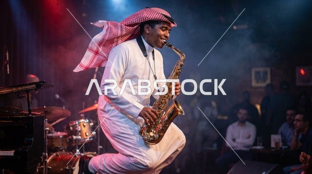 رجل سعودي يعزف الساكسفون في عرض موسيقي مباشر