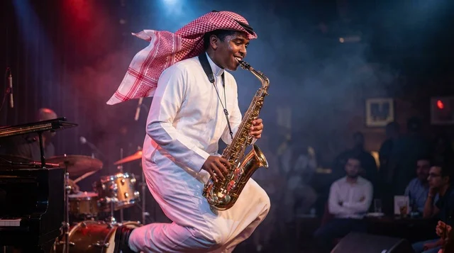 Saudi Man Playing Saxophone on Live Music Stage