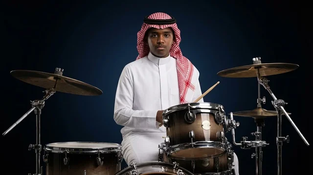 رجل سعودي بالزي التقليدي يعزف على الطبول