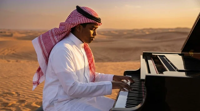 Saudi Man Playing Grand Piano in Desert Sunset