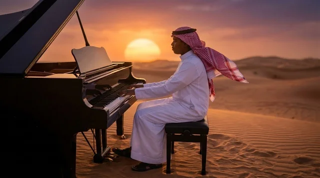 رجل سعودي يعزف البيانو في الصحراء وقت الغروب