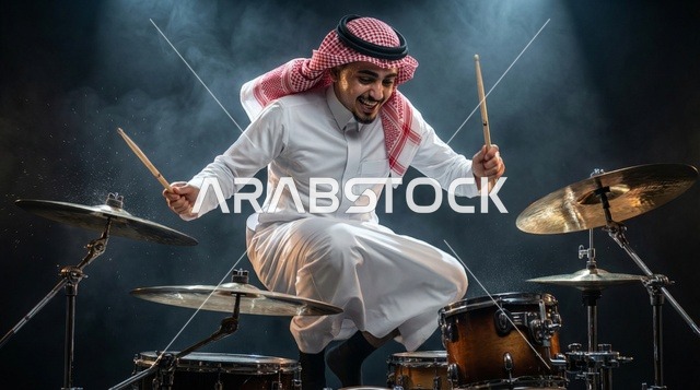 رجل سعودي بالثوب يعزف الطبول ويقفز في الاستوديو