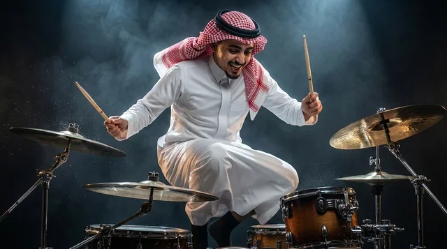 Saudi Man in Thobe Playing Drums Jumping in Studio