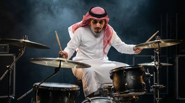 Saudi Man in Traditional Dress Playing Drums Saudi Man in Traditional Dress Playing Drums